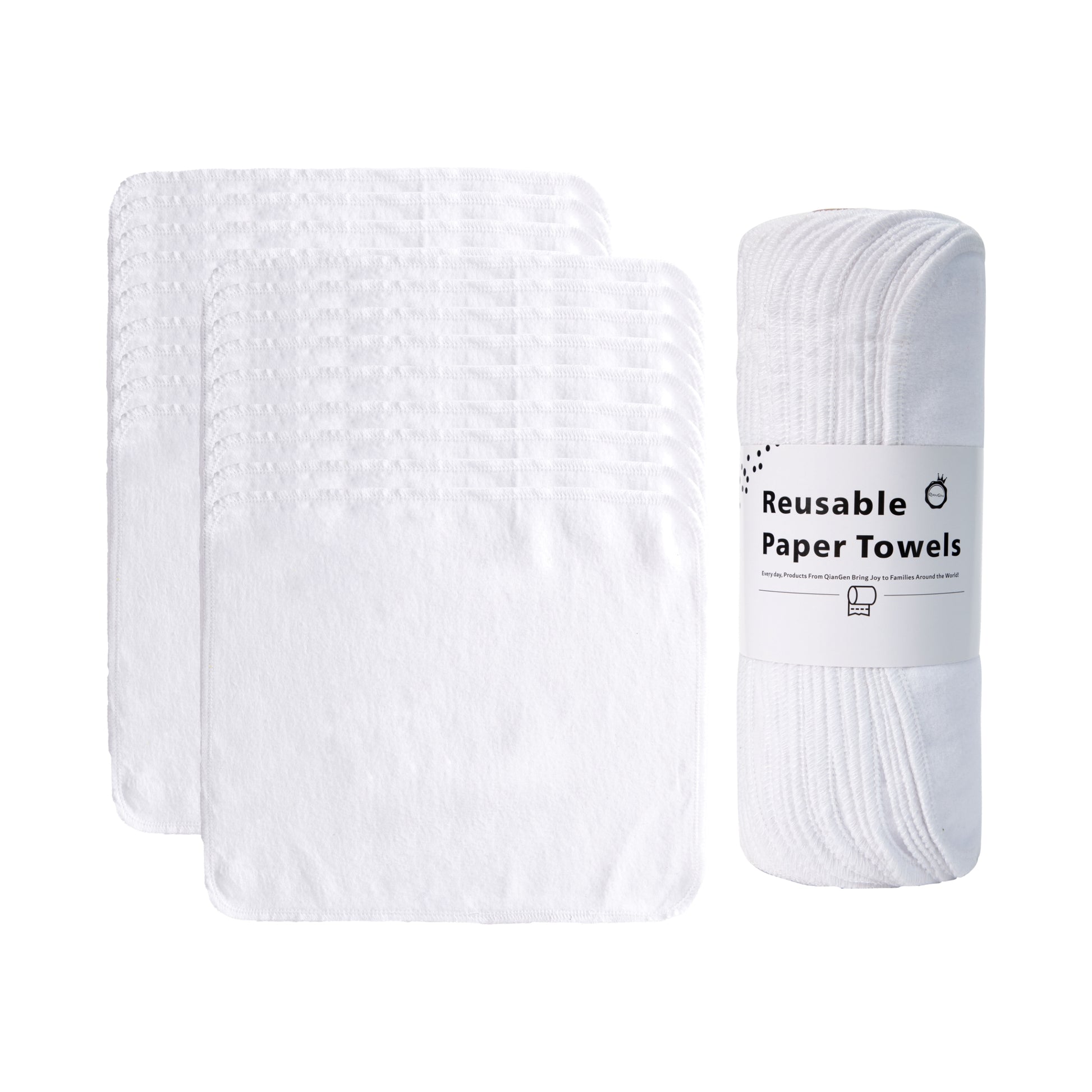 Pure white flannel unpaper towels on roll and folded stack bleach safe cleaning cloth