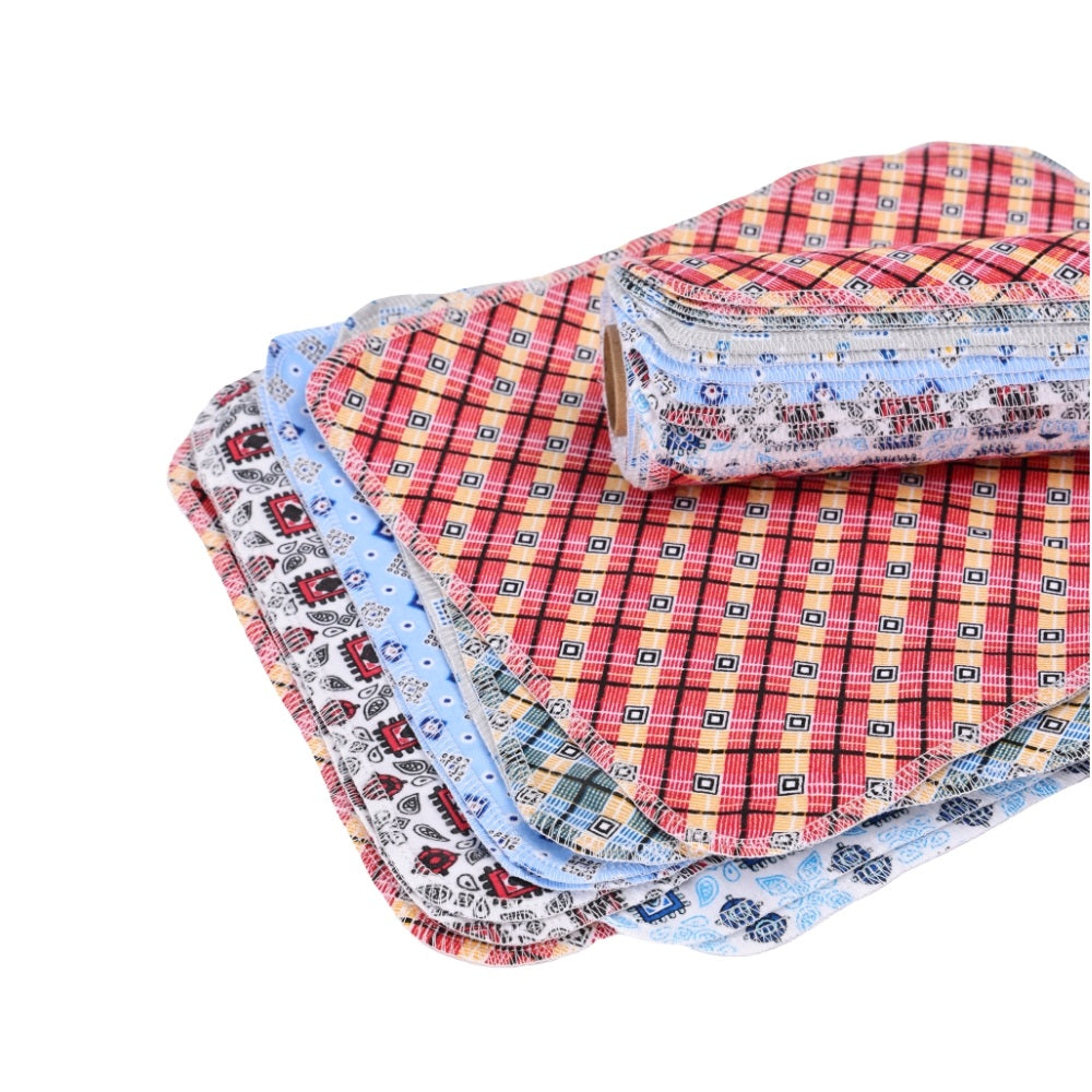 Classic vintage style cloth napkins folded stack red and blue geometric print
