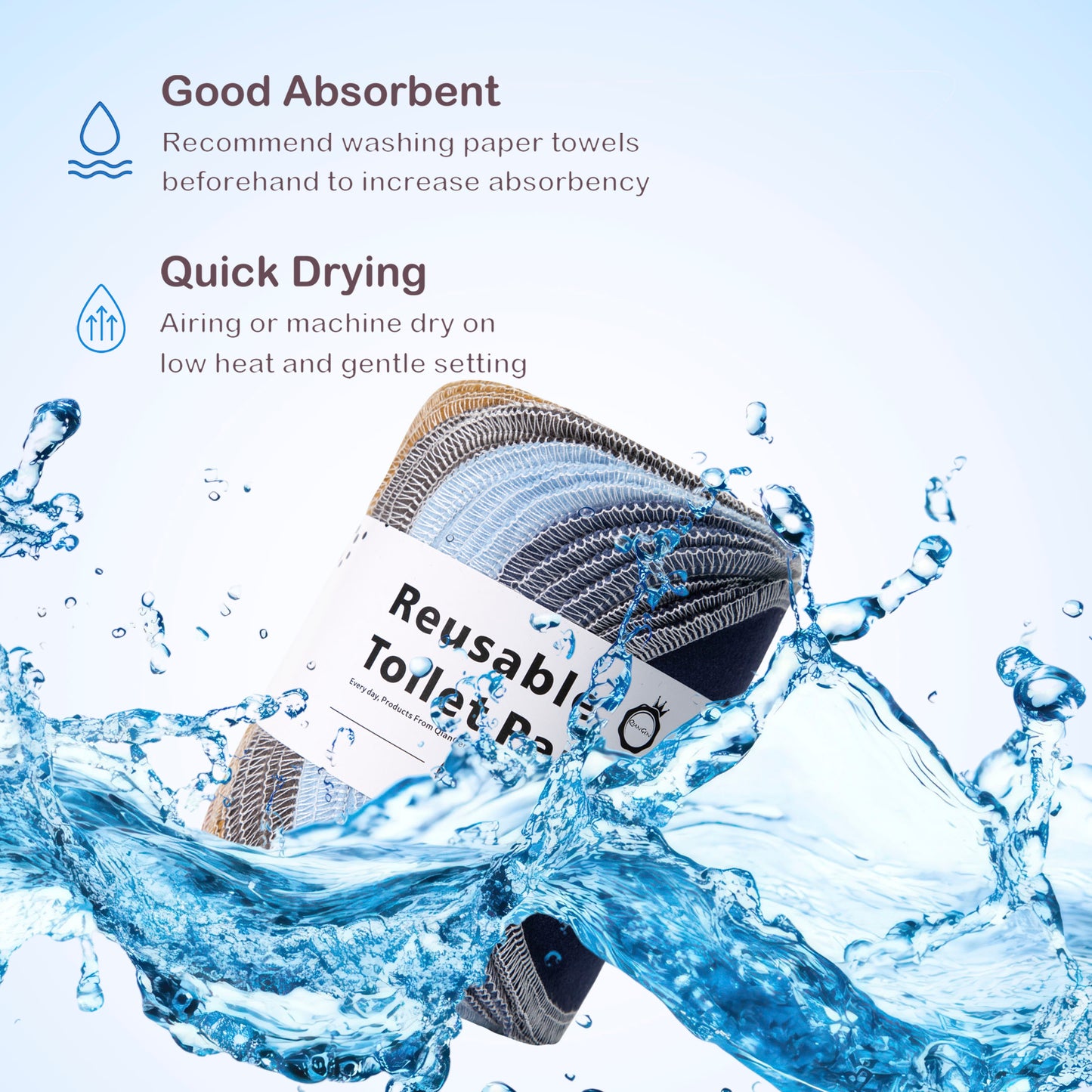 High absorbency demonstration of cotton flannel reusable toilet wipe splashing water