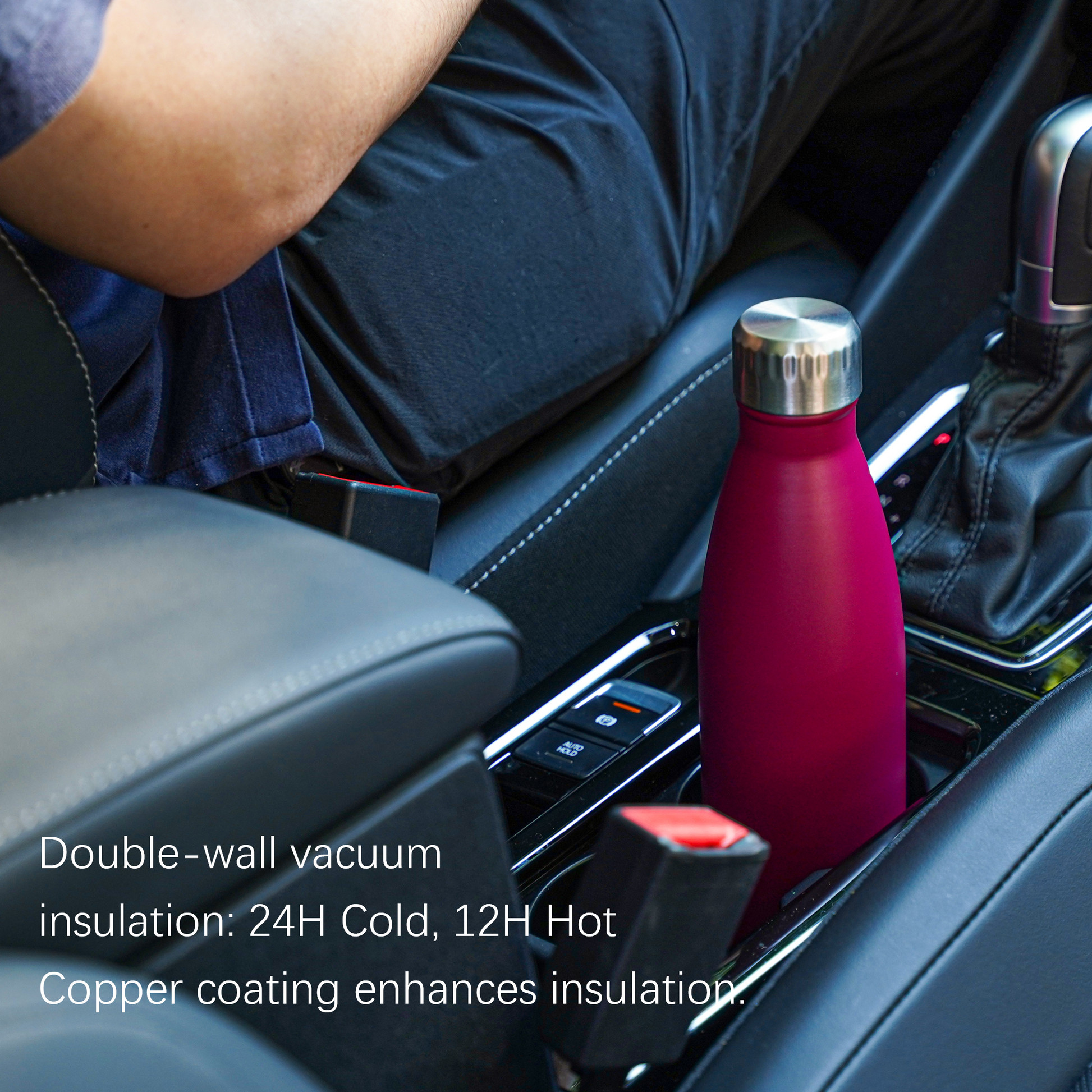 17oz water bottle fits perfectly in standard car cup holder for road trips