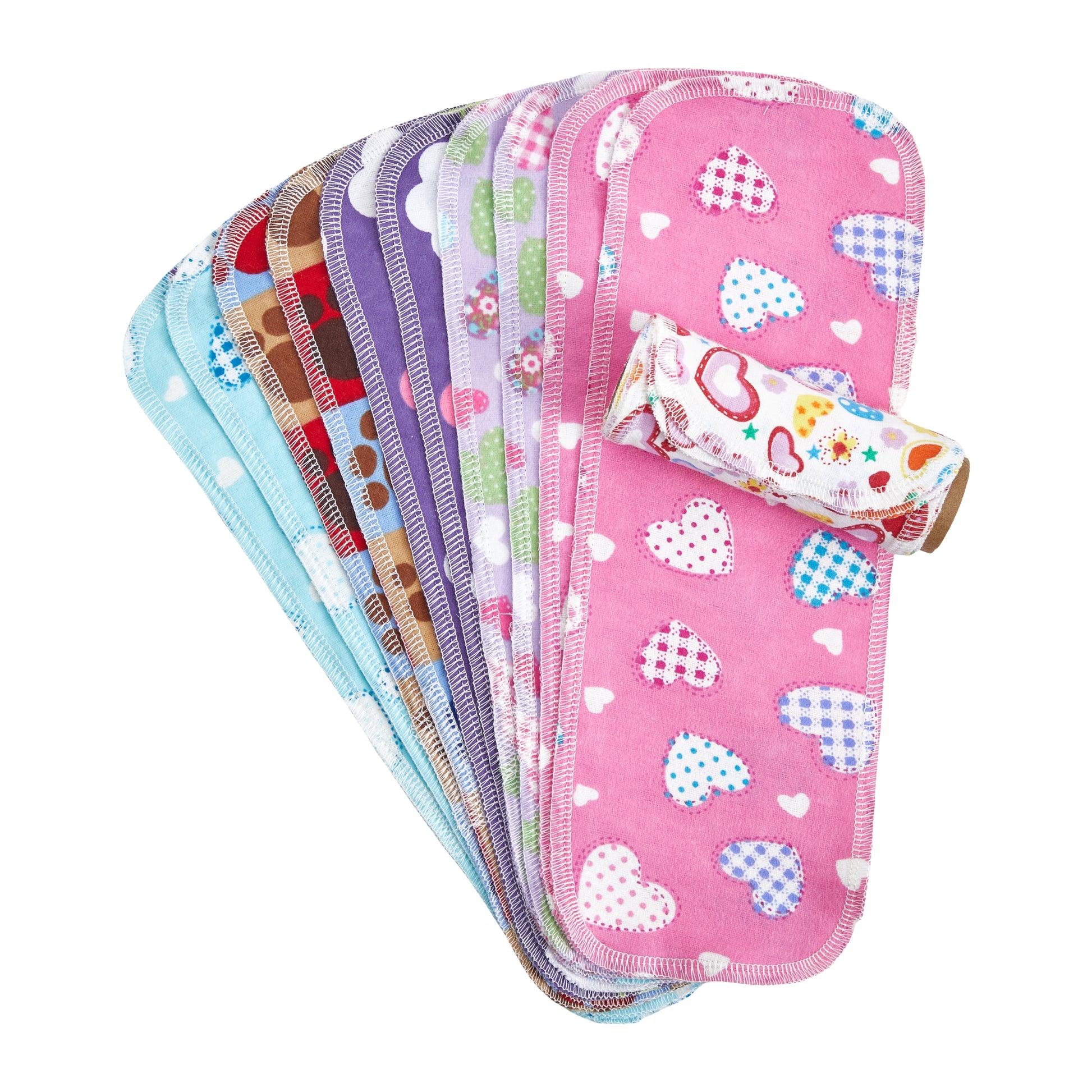 Fan folded variety pack of colorful flannel toilet wipes mixed prints