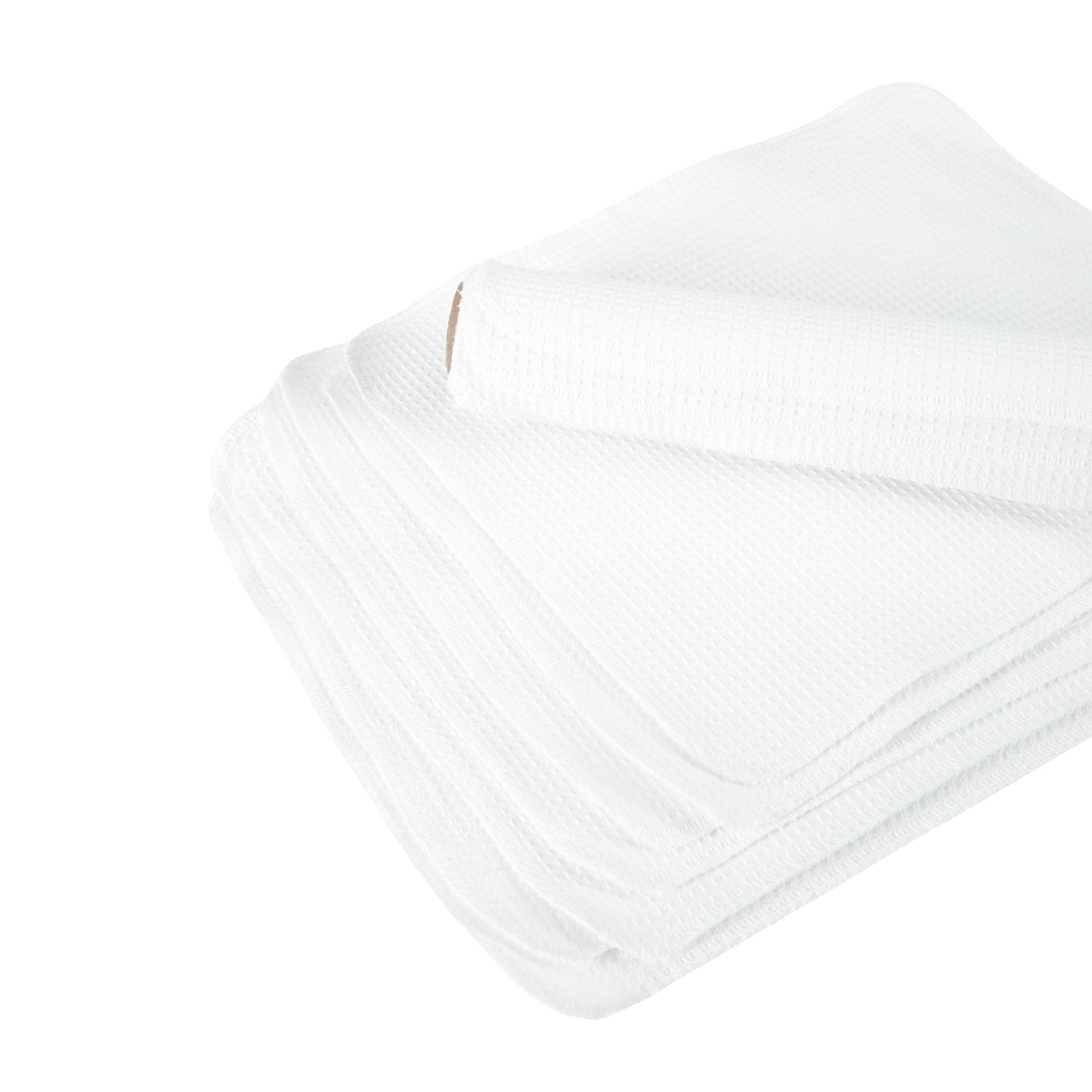 Folded stack of white waffle cotton dish cloths soft texture