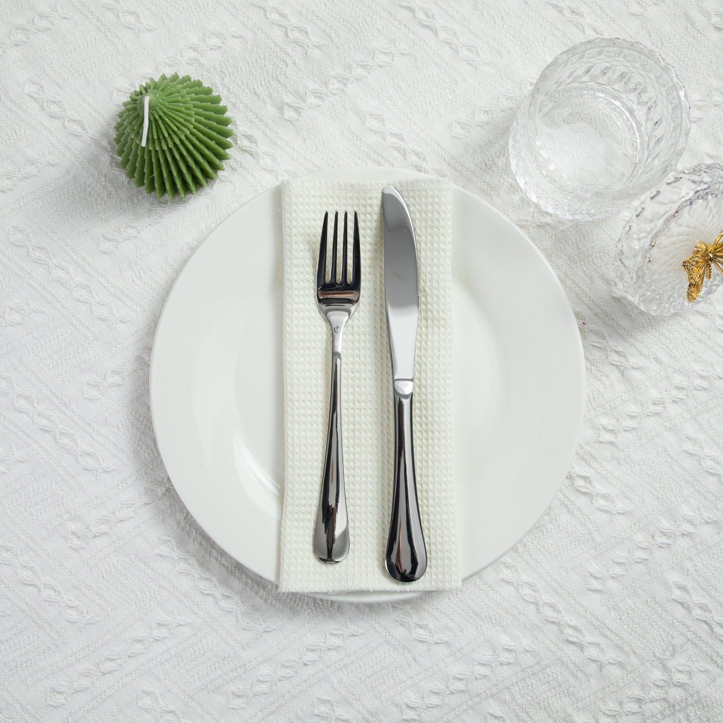 Farmhouse table decor featuring ivory waffle cloth napkin