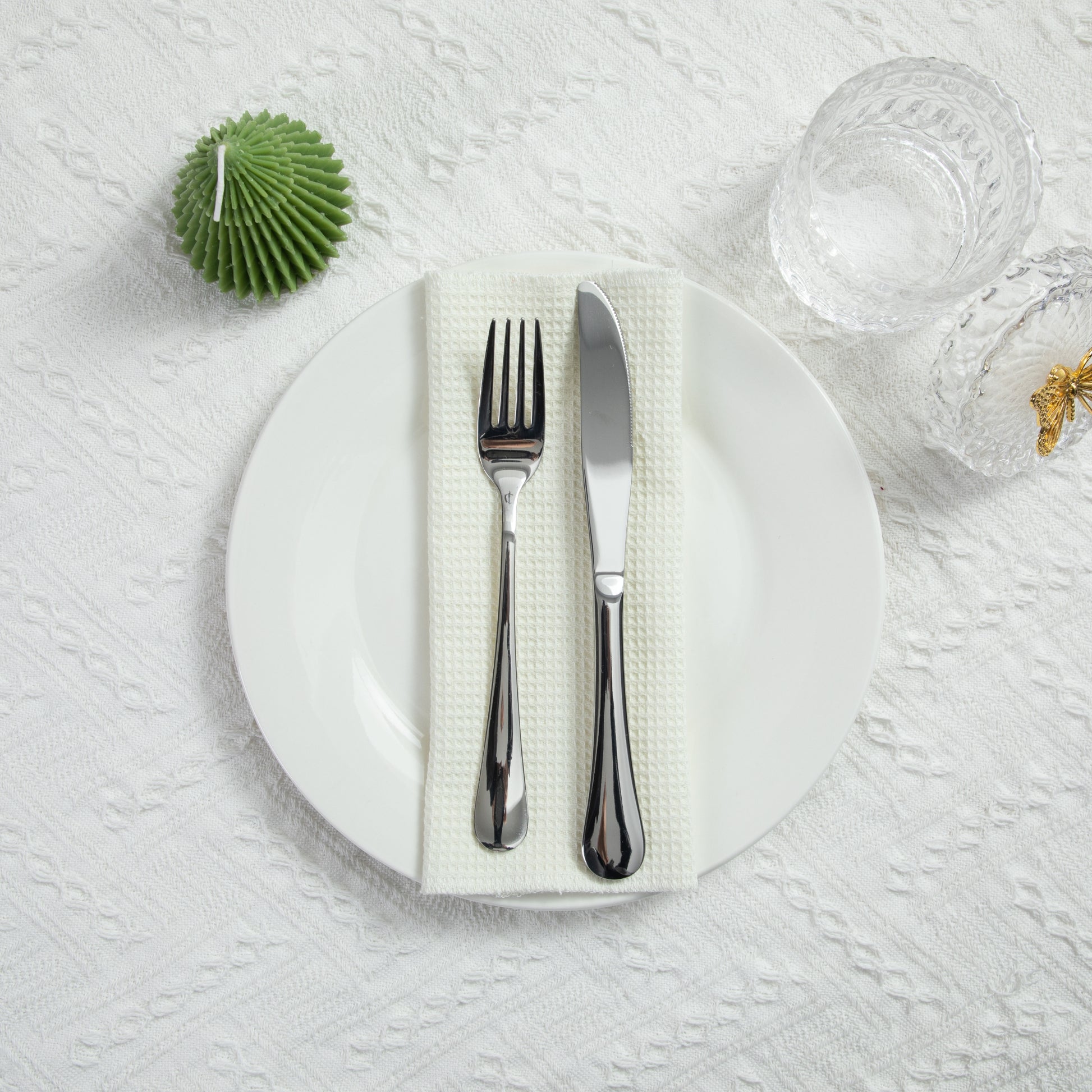 Farmhouse table decor featuring ivory waffle cloth napkin