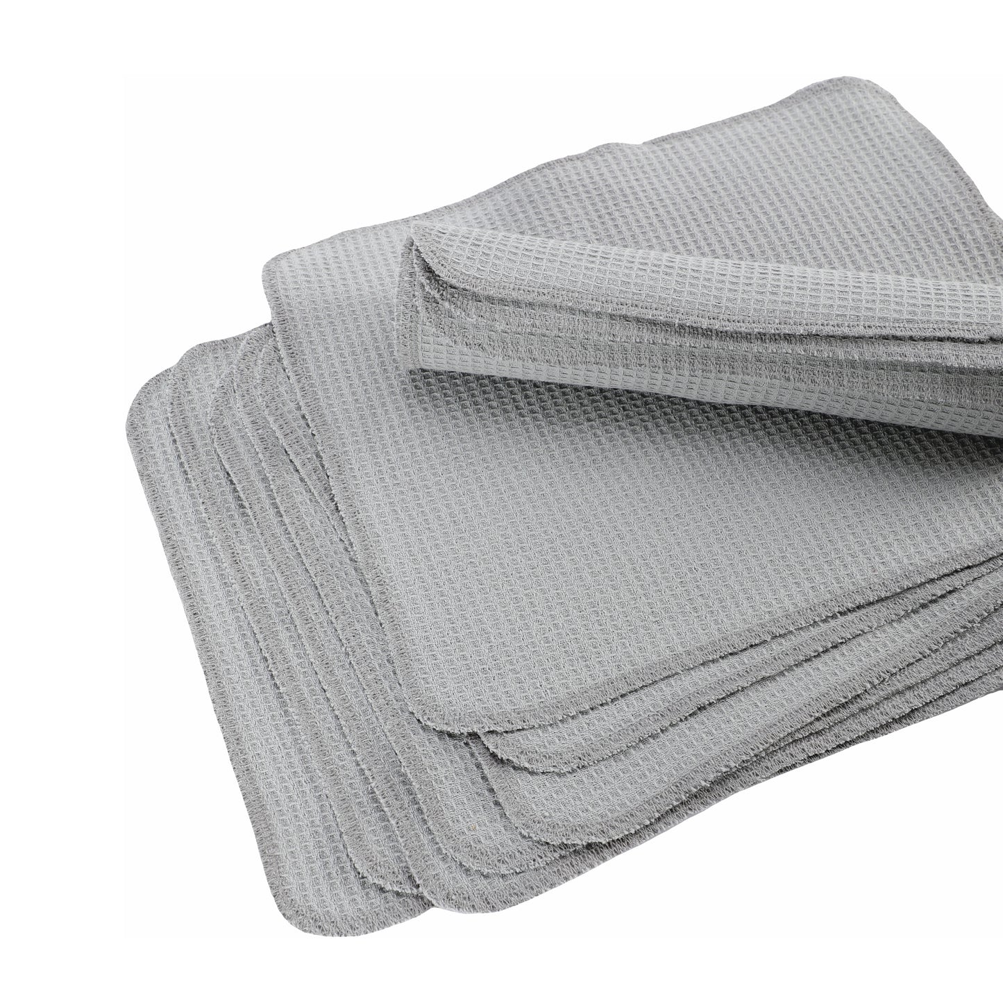 Stacked light grey waffle cleaning cloths detail view