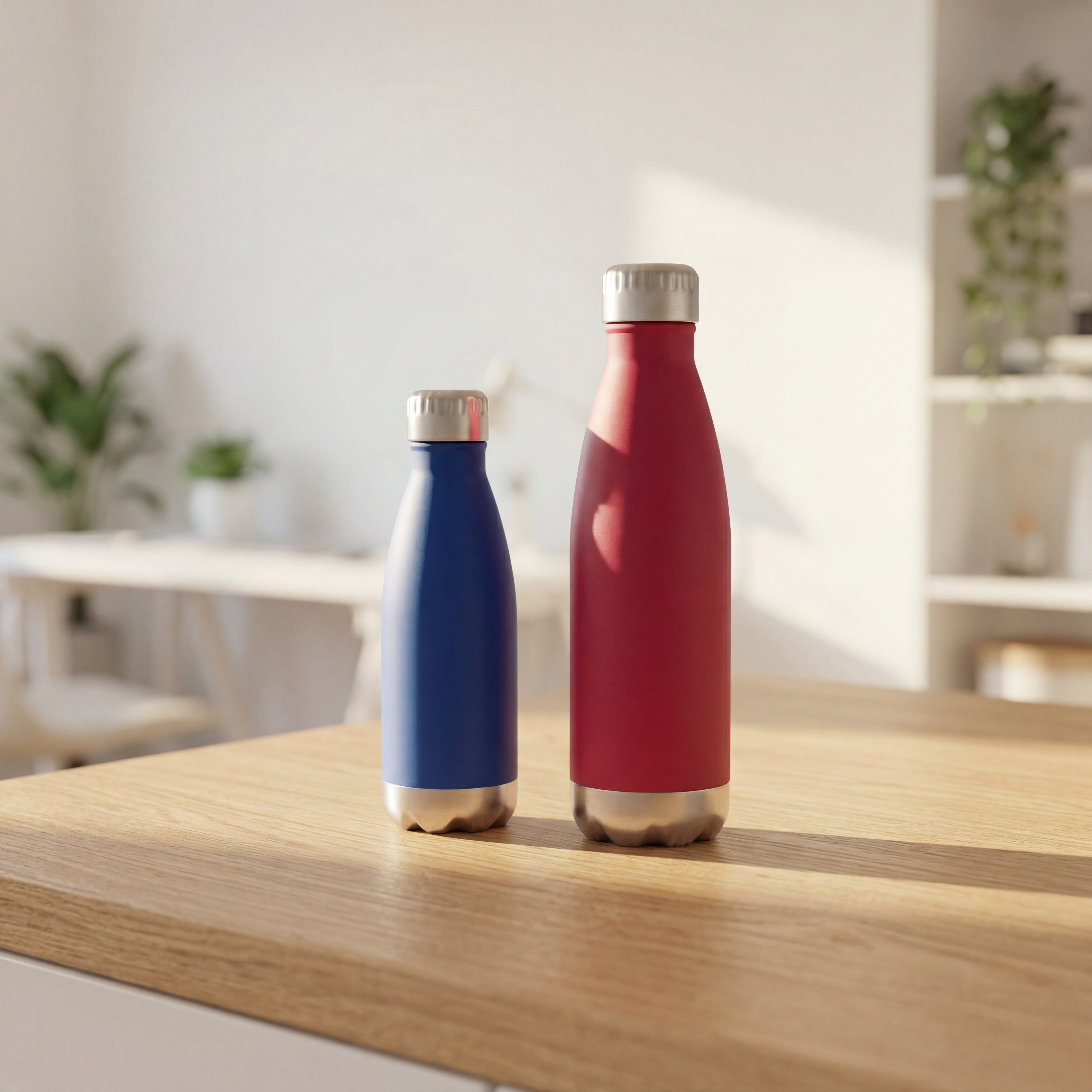 Professional matte black insulated water bottle sitting on office desk leak proof hydration for work