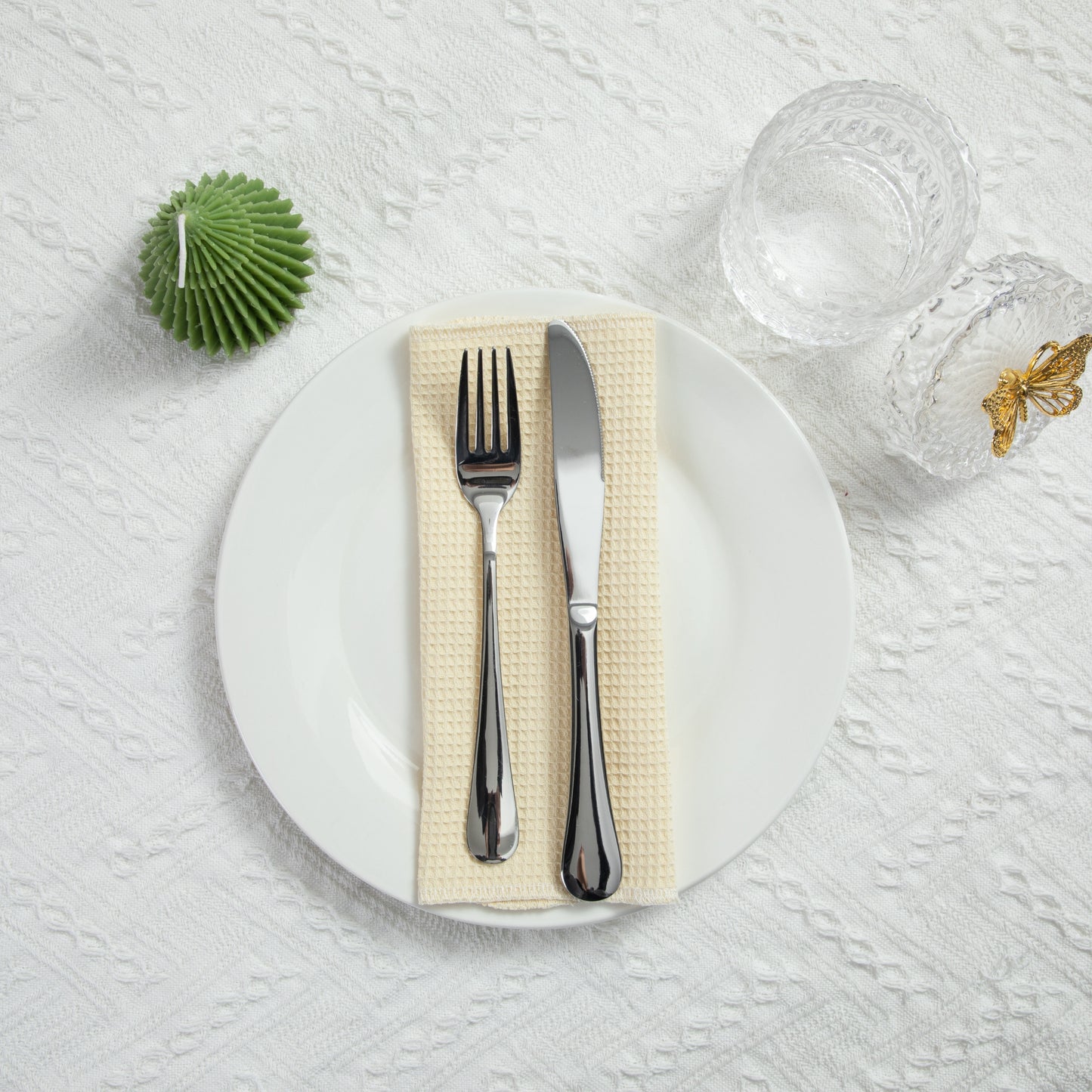 Neutral dining setting with light beige waffle napkin