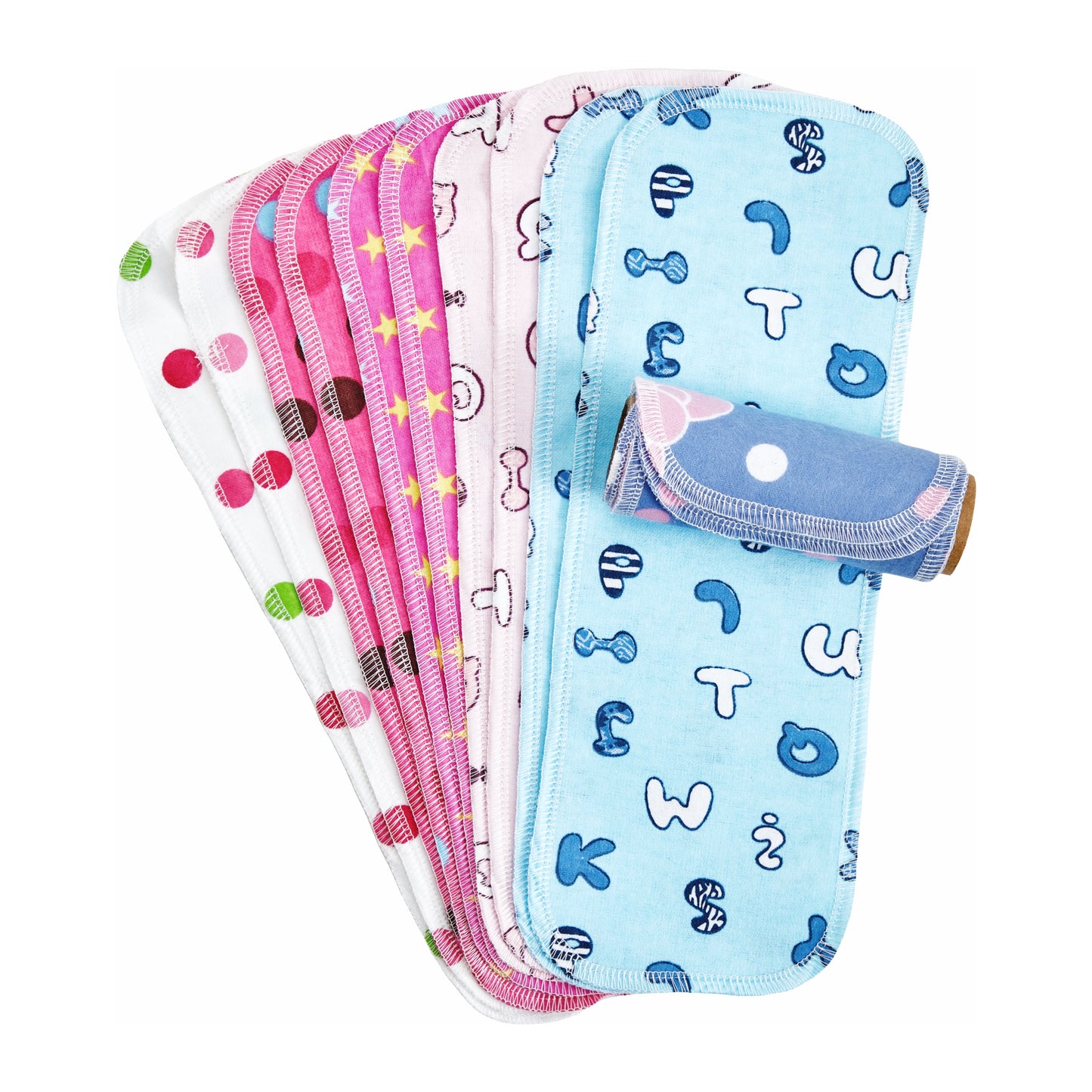 Fan fold stack of pastel patterned cotton flannel wipes for kids