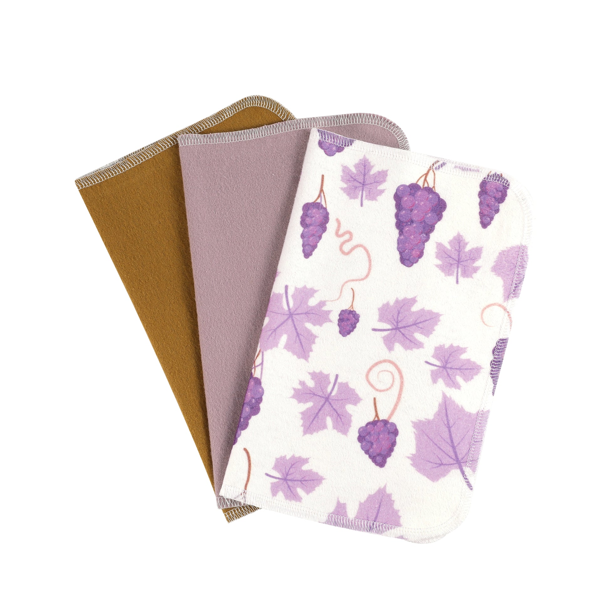 Folded grape print cloth napkins purple vineyard kitchen theme soft flannel