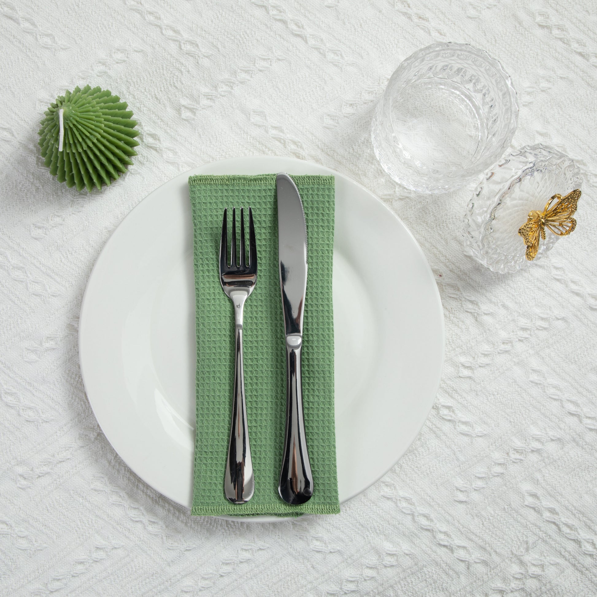 Everyday dining scene with slate green waffle cloth napkin