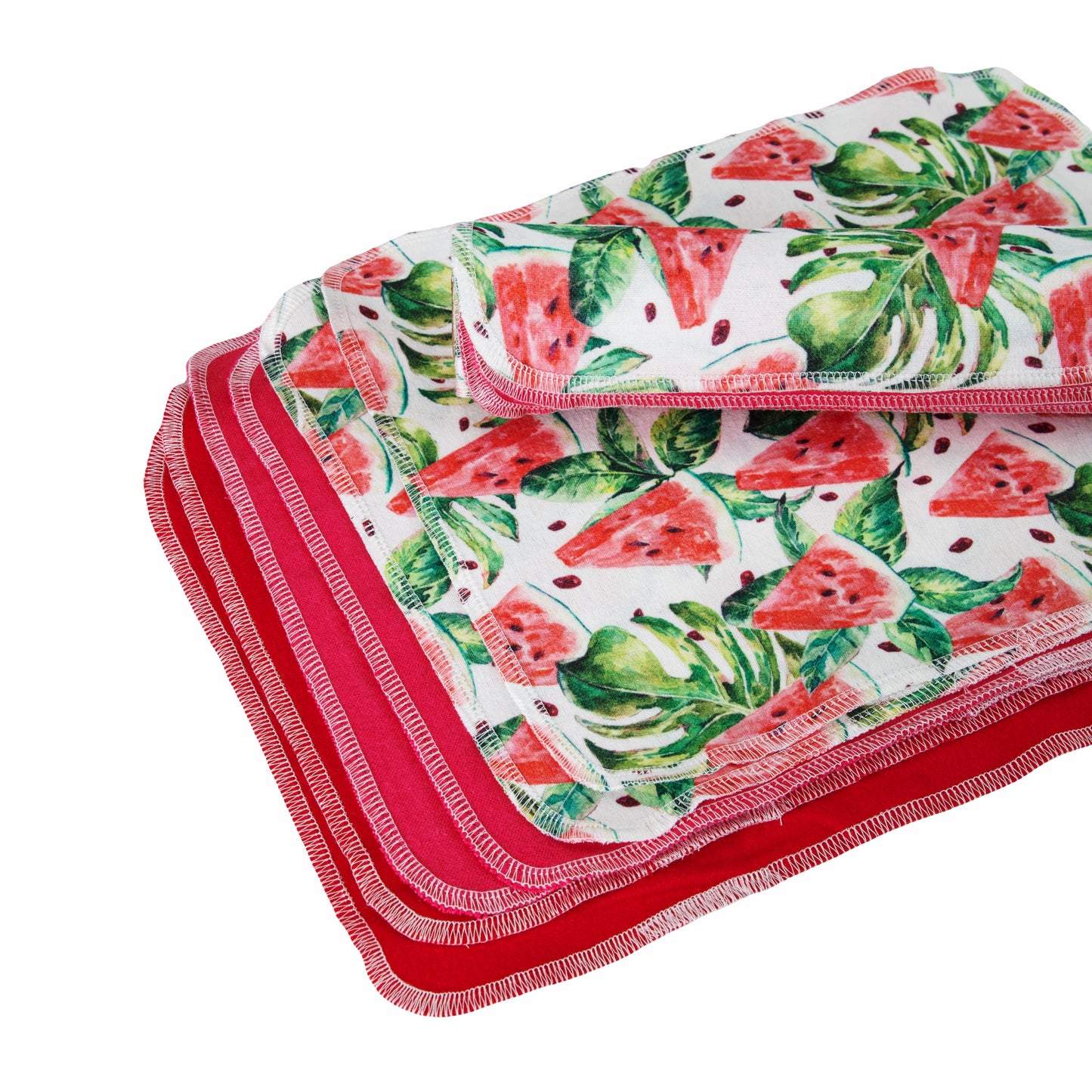 Watermelon print cloth napkins flat lay vibrant red and green colors summer decor