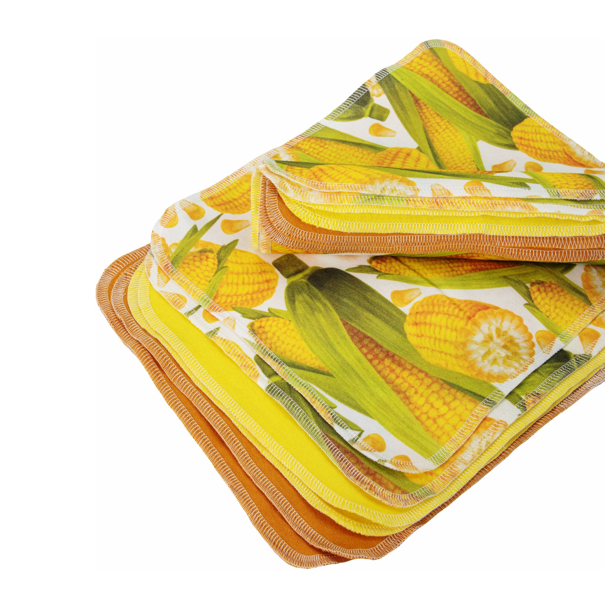 Yellow corn print kitchen towels stacked farmhouse harvest decor